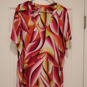 JM Collection V-Neck Tunic in Pink, Orange & Yellow Abstract Print